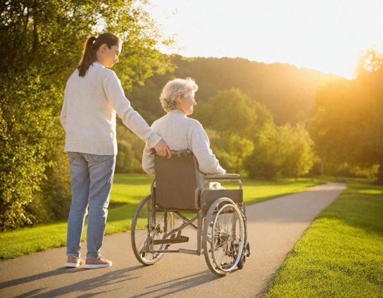 Betreuungskraft begleitet Seniorin im Rollstuhl beim Spaziergang im Park - Alltagsbetreuung "Herzenslust" Halle/Saale.