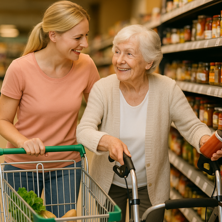 Betreuungskraft begleitet Seniorin beim Einkaufen - gemeinsame Alltagsunterstützung durch Alltagsbetreuung "Herzenslust" in Halle/Saale