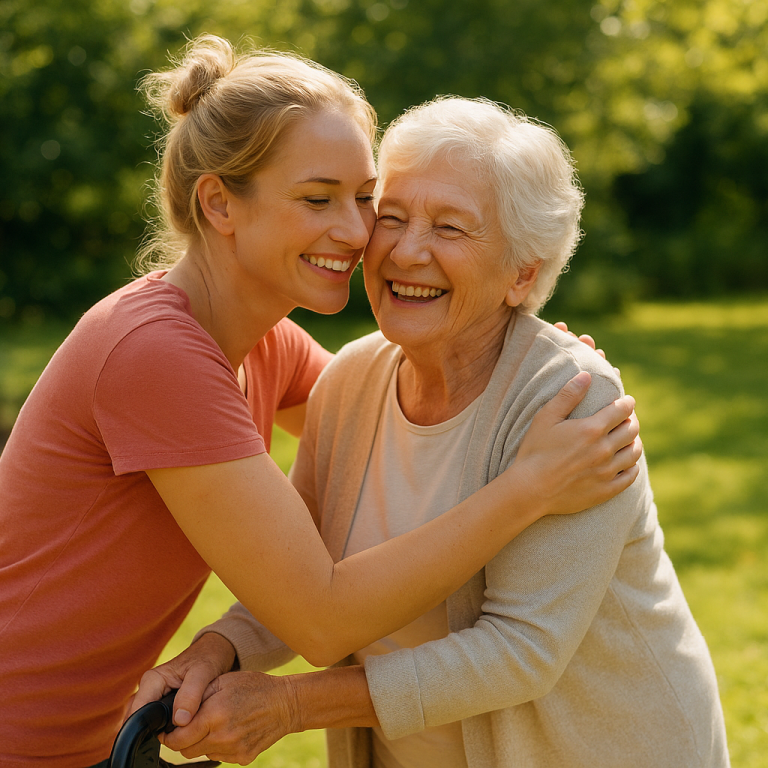 Seniorenbetreuung in Halle/Saale - liebevolle Alltagsbegleiterin umarmt lachende Seniorin im Garten.