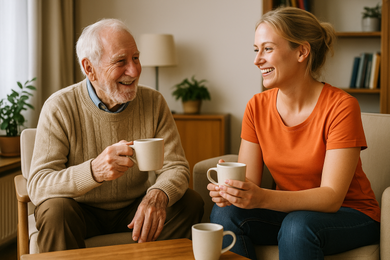 Betreuungskraft trinkt Kaffee und unterhält sich mit Senior - Gesellschaft und Gesprächsbetreuung durch Alltagsbetreuung "Herzenslust" 