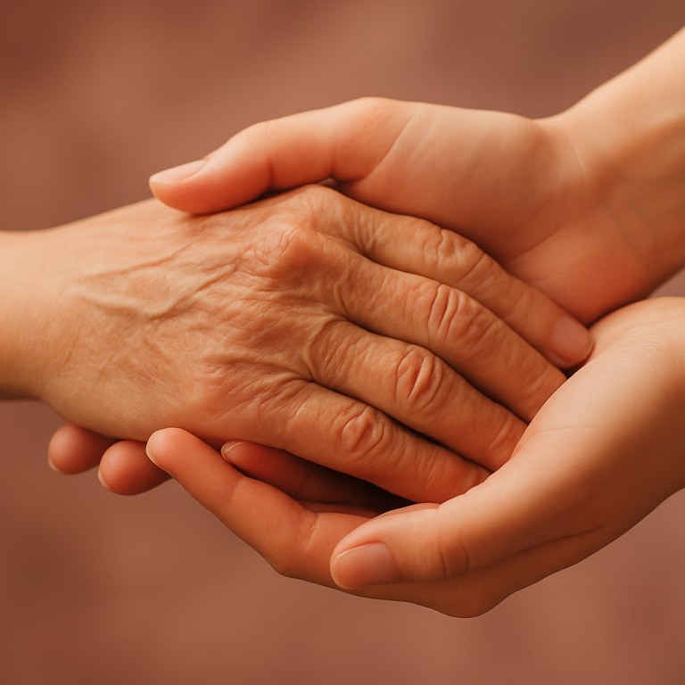 Eine jüngere Hand hält die Hand einer älteren Person - Symbol für Fürsorge, Begleitung und Herzenswärme bei der Alltagsbegleitung