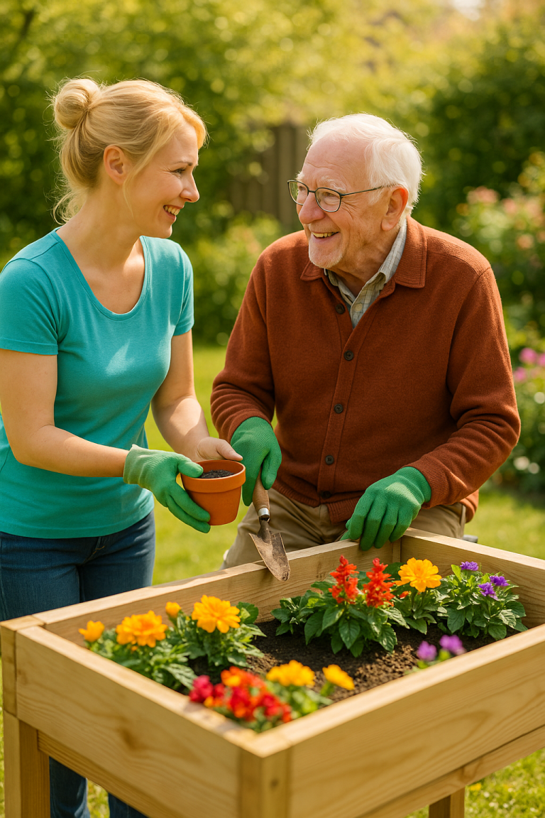 Senior und Betreuungskraft pflanzen gemeinsam Blumen im Garten - Alltagsbetreuung "Herzenslust" in Halle/Saale