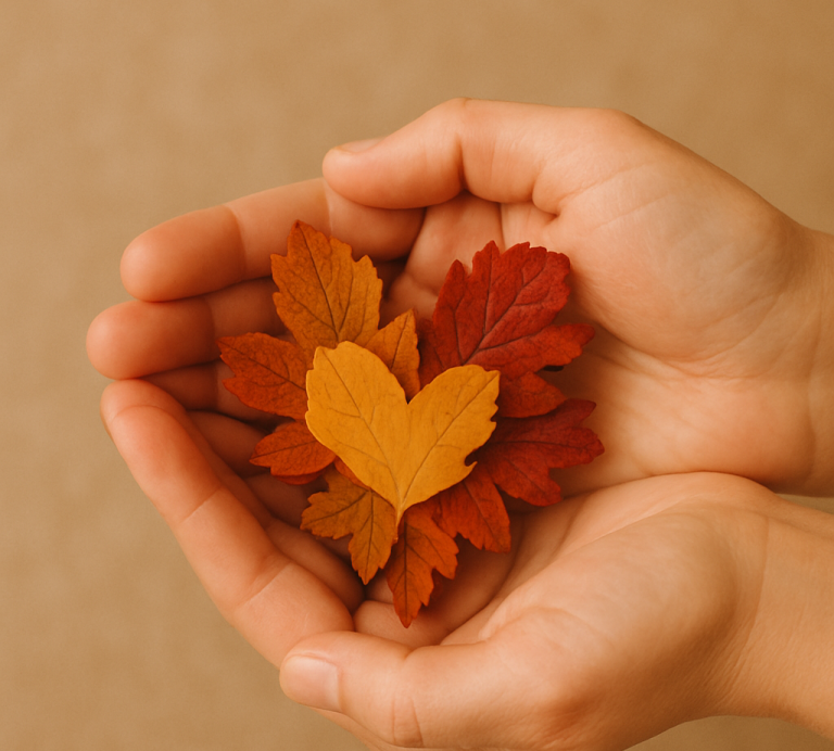Herzenslust Alltagsbetreuung Halle/Saale - Hände halten farbige Blätter in Herzform als Symbol für Wärme und Fürsorge.