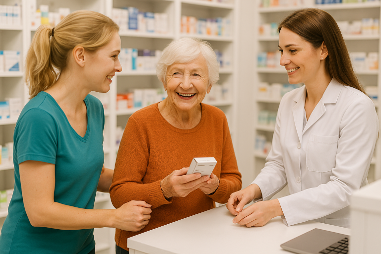 Seniorin wird von Betreuungskraft bei einem Apothekenbesuch begleitet - sichere Begleitung durch Alltagsbetreuung "Herzenslust" in Halle/S.