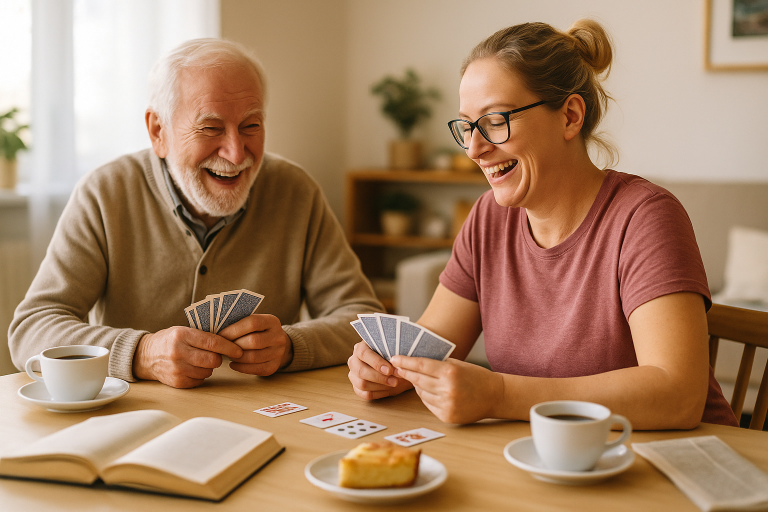 Senior und Betreuungskraft spielen Karten und lachen - Freizeitgestaltung und Gesellschaft durch Alltagsbetreuung "Herzenslust" in Halle/S.