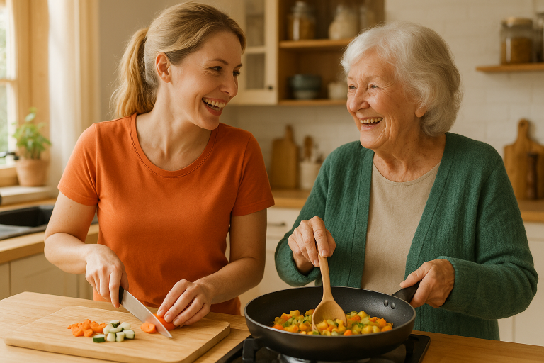Betreuungskraft kocht gemeinsam mit Seniorin in der Küche - Unterstützung im Haushalt durch Alltagsbetreuung "Herzenslust" in Halle/Saale